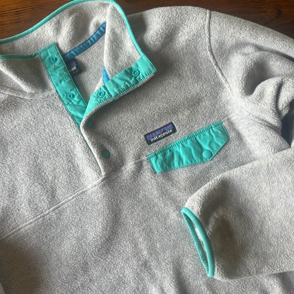 Patagonia Synchilla Heather Gray Turquoise Fleece Pullover Large